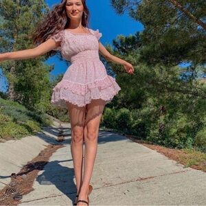 Lait Collection Pink Tiered Mini Dress with Flutter Sleeves